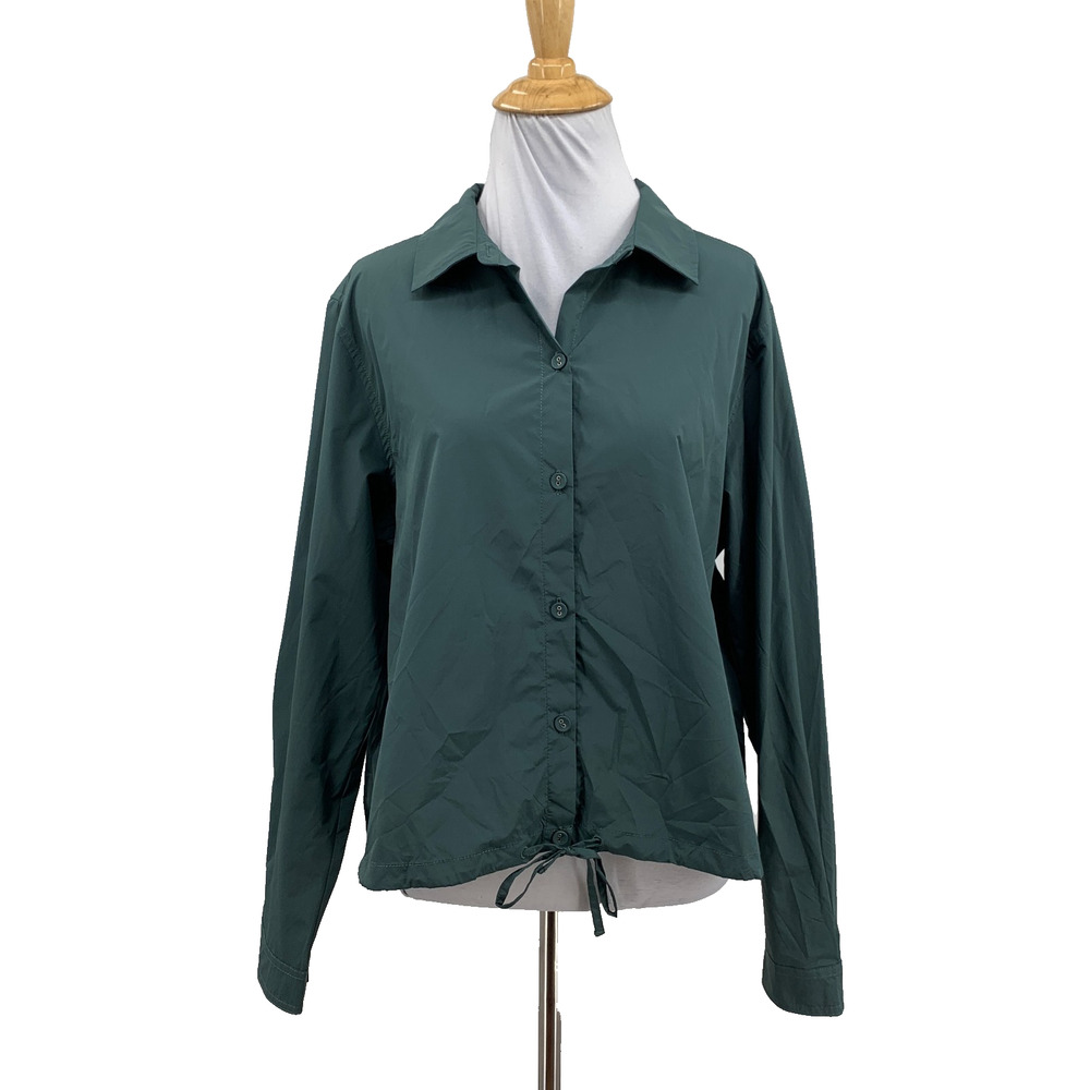 Lilla P Shirt Womens M Medium Pine Green Button Up Drawstring Hem Lightweight